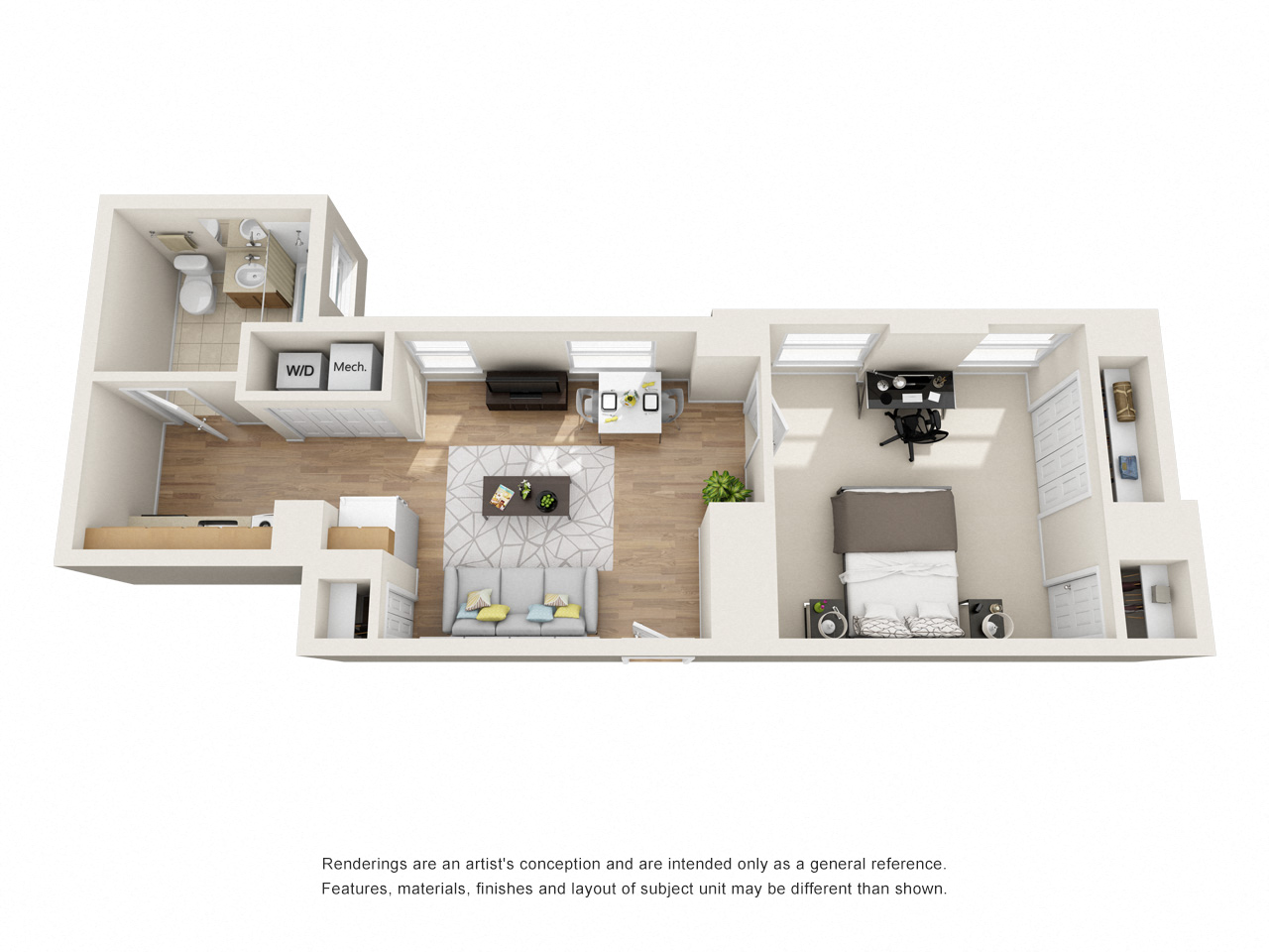 Floor plan for 1 bed, 1 bath, 634 sqft